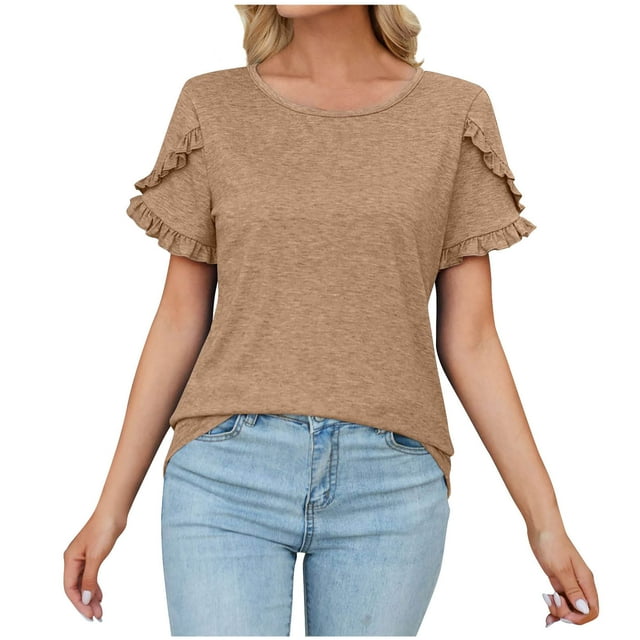 FAIWAD Womens Summer Tunic Tops Ruffle Short Sleeve Round Neck Tops Cute Dressy Casual Blouses Tshirt