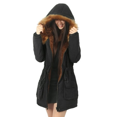 - Winter Fur Lined Coats for Women Parka Jacket Black