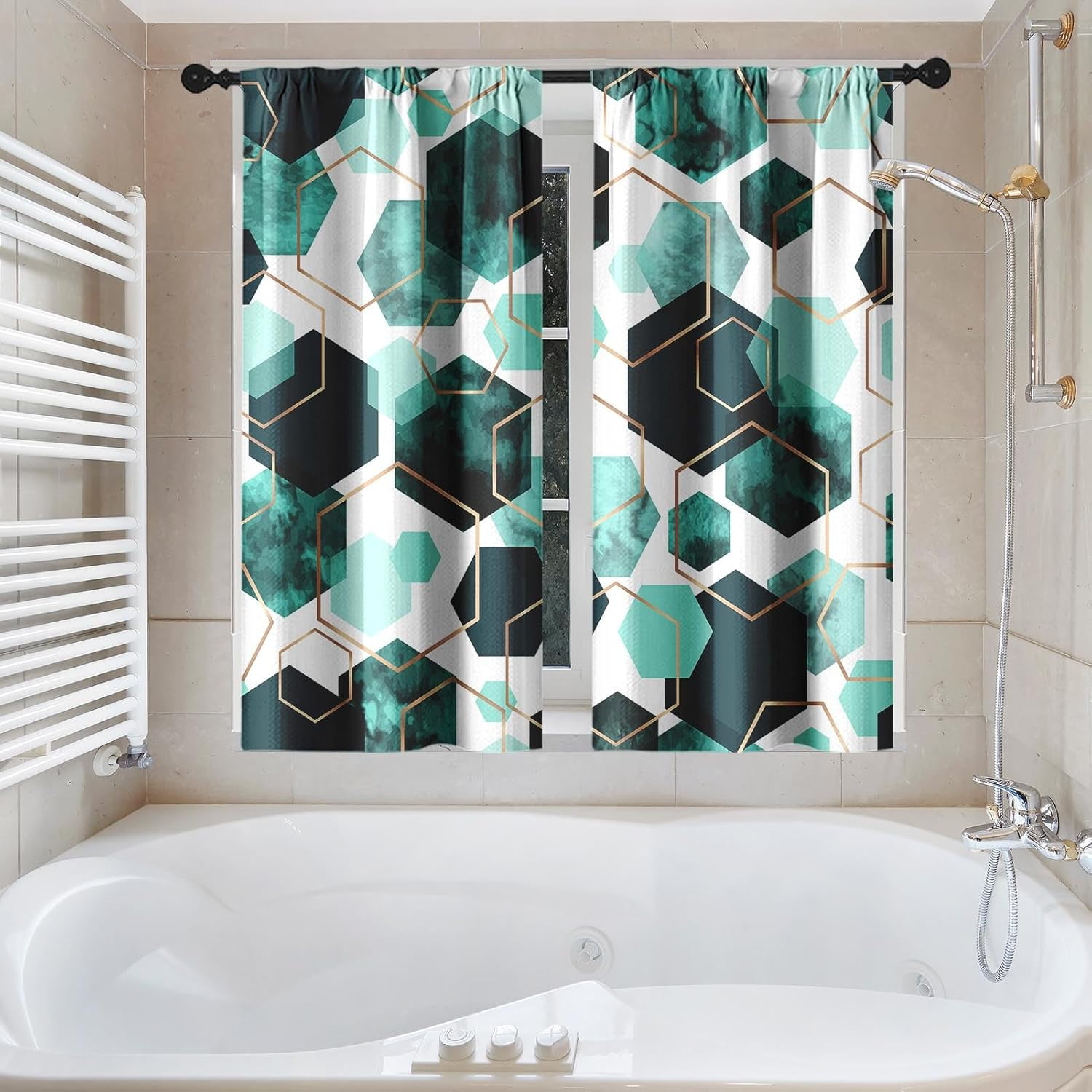 Vintage Brown Shower Curtain Set with Window Curtain, Royal Abstract Line Modern Bathroom Window Curtain with Waterproof Shower Curtain Set for Bathroom Decor