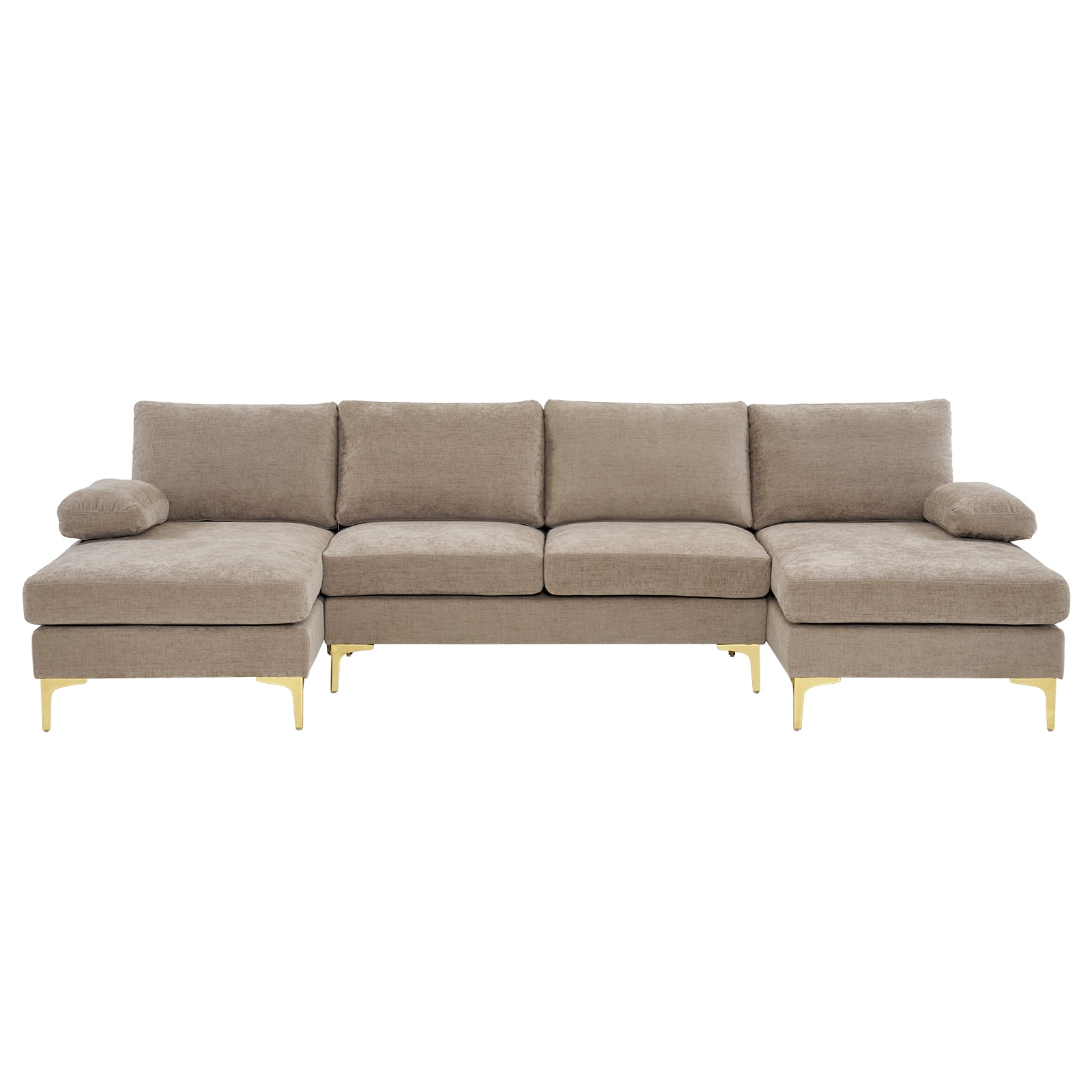 Ktaxon Sectional Sofa Set, 110" U-Shaped Chenille Couch, 4 Seat Lounge Sleeper with Double Chaise for Apartment Living Room Camel Color