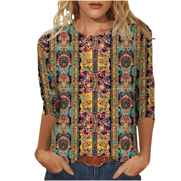 Cilsoka Ladies Tops and Blouses Petite Size, Women's Casual 3/4 Sleeve T-Shirts Round Neck Cute Vintage Graphic Tunic Tops Basic Tees Blouses Business Work Tee Top, Graphic Trendy Tees