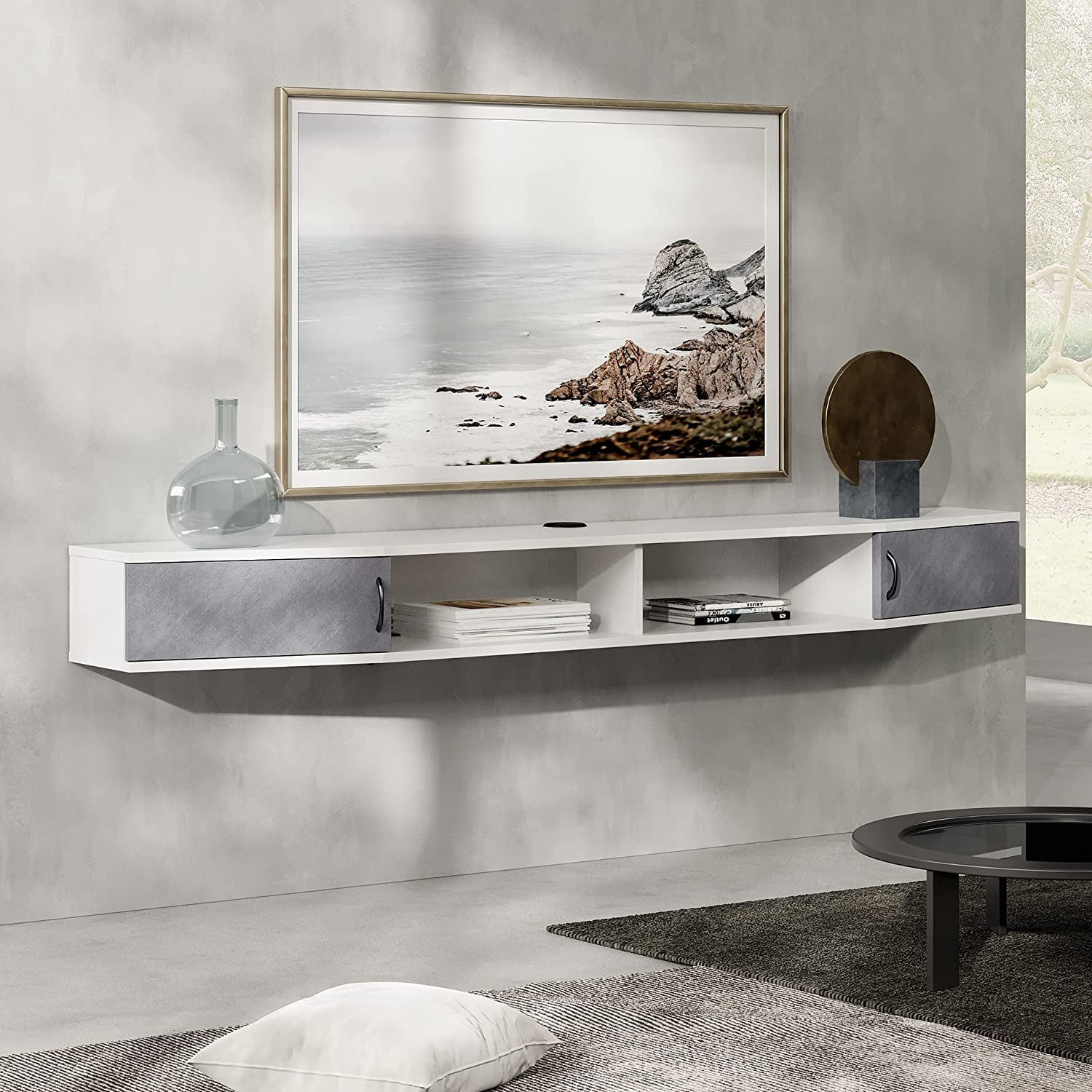 Floating TV Stand Wall Mounted Shelf with Blue LED Lights Wood