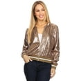 thumbnail image 1 of Womens Long Sleeve Front Zip Track Stripe Sequin Bomber Jacket, Gold, Large, 1 of 5