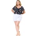 thumbnail image 3 of Women's Plus Size Tops Dense Floral Square Tassel Tie Neck Loose Blouse Navy Blue 2X, 3 of 7