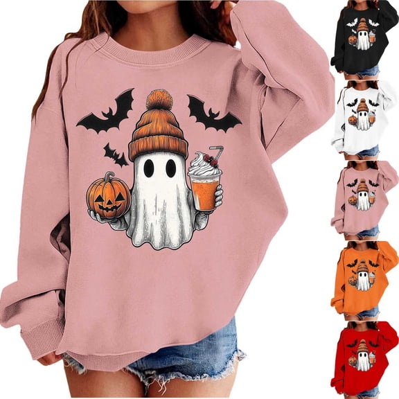HAOTAGS Girls Halloween Printed Fleece Sweatshirt Size 6— Soft Brushed Cotton Blend, Relaxed Fit, Round Neck, Long Sleeve Pink