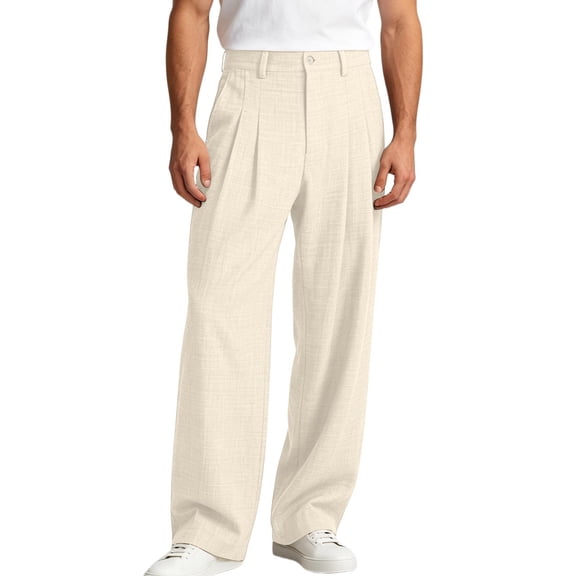 USNSM (M-5XL) Big and Tall Mens Casual Pants Elastic Waist Lightweight Loose Pleated Slacks Button Closure, Straight Leg Trousers With Pockets Beige XXXL