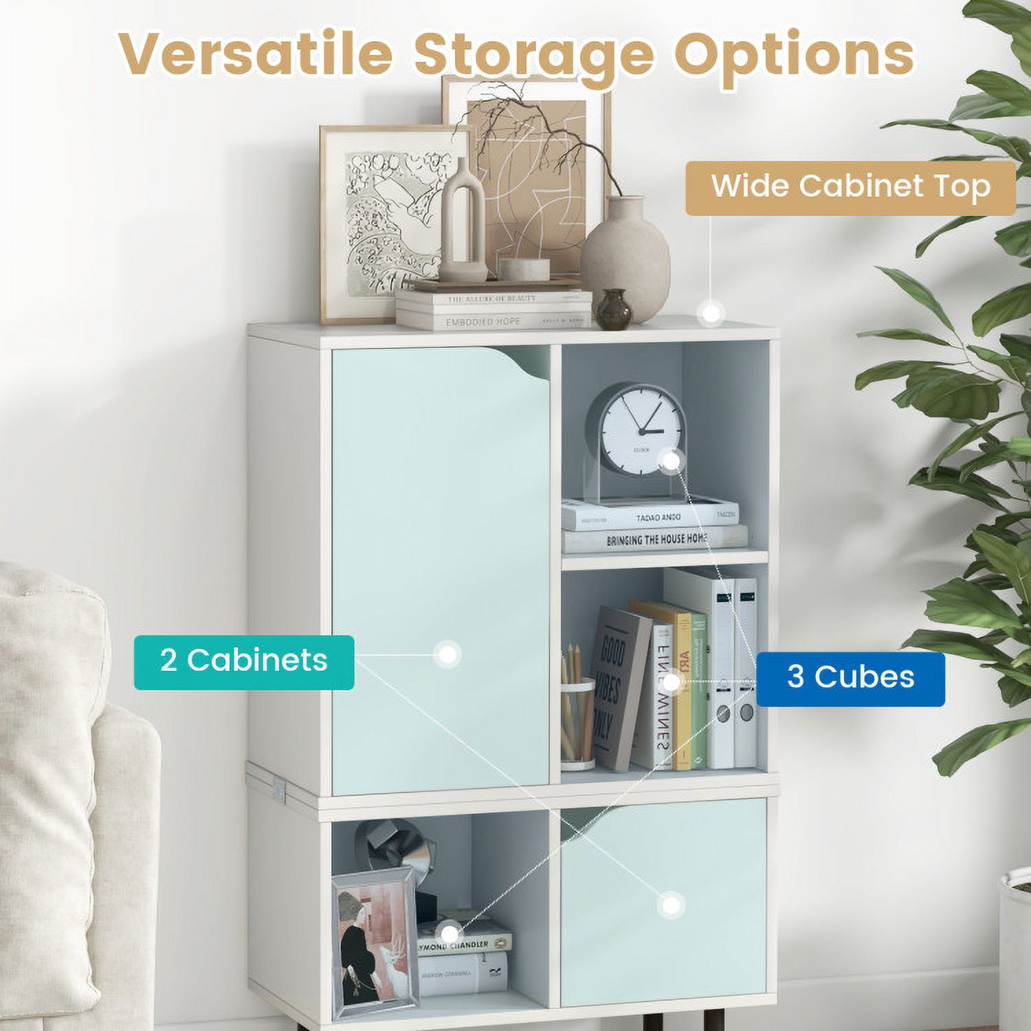 Demi Bonn Stackable Bookcase with Adjustable Shelf and Cubes, Free Standing 6 Cube Storage Cabinet, White