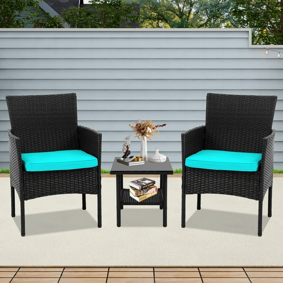 Dkelincs 3-Piece Outdoor Bistro Set Patio Furniture Set Rattan Conversation Set with Coffee Table, Blue