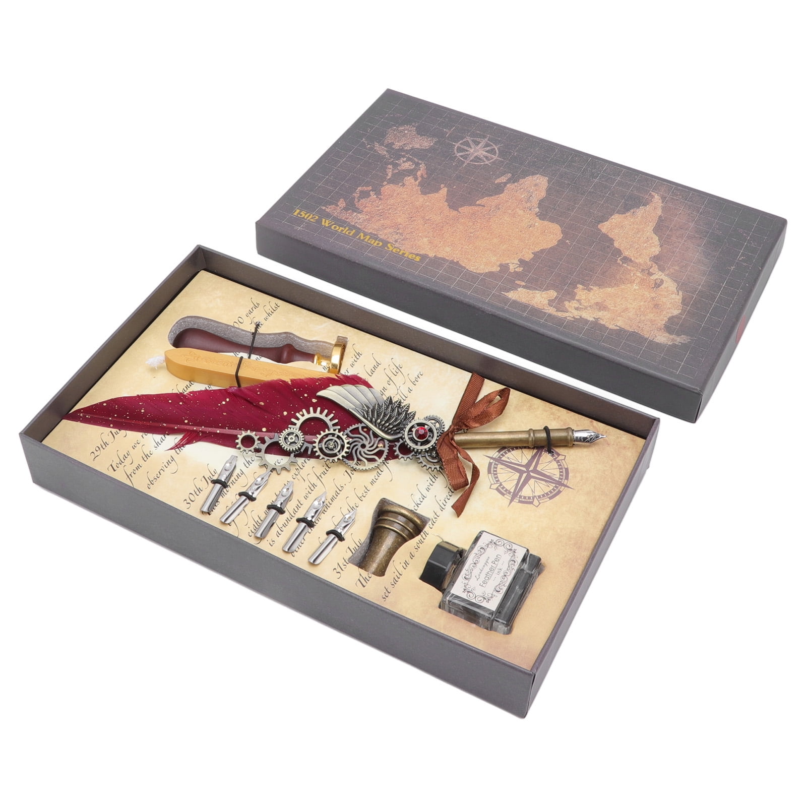Nieyigj Vintage Mechanical Feather Quill Dip Pen Set with Brass Base, Wax Seal Stamp, and 5 Replacement Nibs - Elegant Wine Red Calligraphy Writing Kit for Artists and Beginners