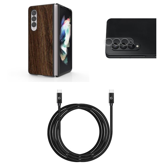 Accessory Bundle for Galaxy Z Fold 4: Slim Snap-On Case (Dark Brown Wood), Rear Camera Glass Protector, Nylon Braided USB-C to USB-C Cable (4 Feet)