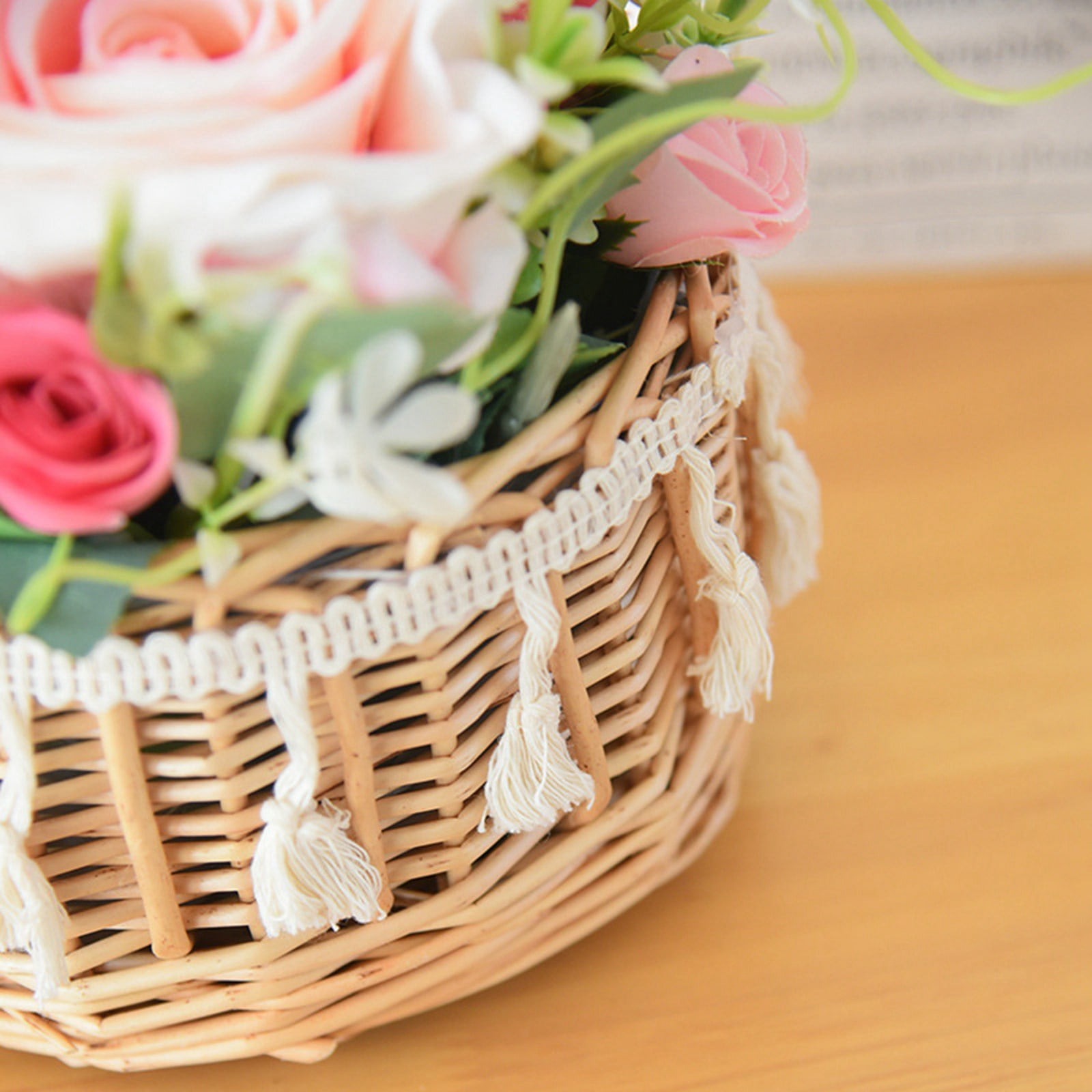 Wicker Rattan Flower Girl Basket Wedding Flower Girl Basket with Pearl Handle and Bow Fairy Flower Basket Handwoven Easter Basket Wicker Basket for Wedding Flower Girl
