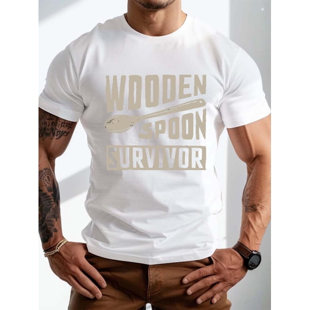 Camiseta informal para hombre con estampado gráfico "Wooden Spoon Survivor", manga corta, cuello redondo, top veraniego de moda para uso diario, tallas grandes, 1 pieza, 100 % algodón, camiseta inform