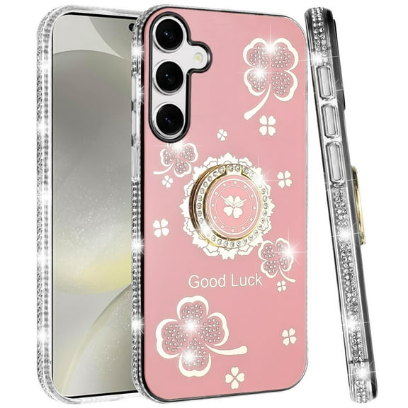 For Samsung Galaxy S25 /S24 Diamonds Bling All Around Edges Sparkly Glitter Hybrid with Ring Stand Holder Fashion Good Luck Cover, XPM Phone Case [Pink]