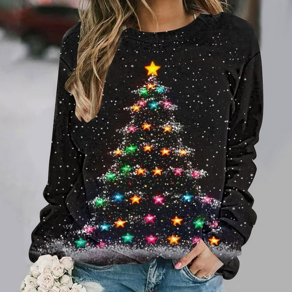 VKOYWKM Women Fall Sweatshirts Merry Christmas Oversized Long Sleeve Xmas Tree Graphic Sweatshirts Holiday Crewneck Loose Fit Fleece Pullover Christmas Gifts for Women