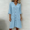thumbnail image 4 of Zynoxe Womens Cotton Linen Dresses Summer V-neck 3/4 length sleeve Button Down Midi Dresses Lounge Peasant Gauze Business Work Dresses with Pockets Light Blue S, 4 of 7