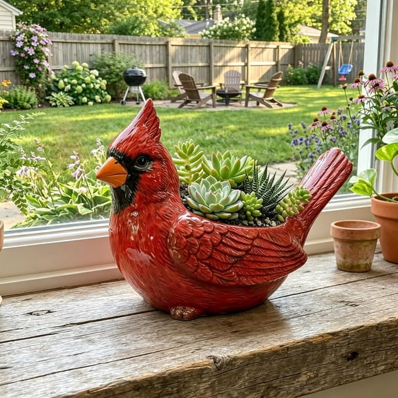Cardinal Bird Succulent Planter – Red Resin Cardinal Outdoor Decor Planter – Decorative Animal Flower Pot for Garden, Patio, Balcony – Gift for Bird Lovers (1PC)