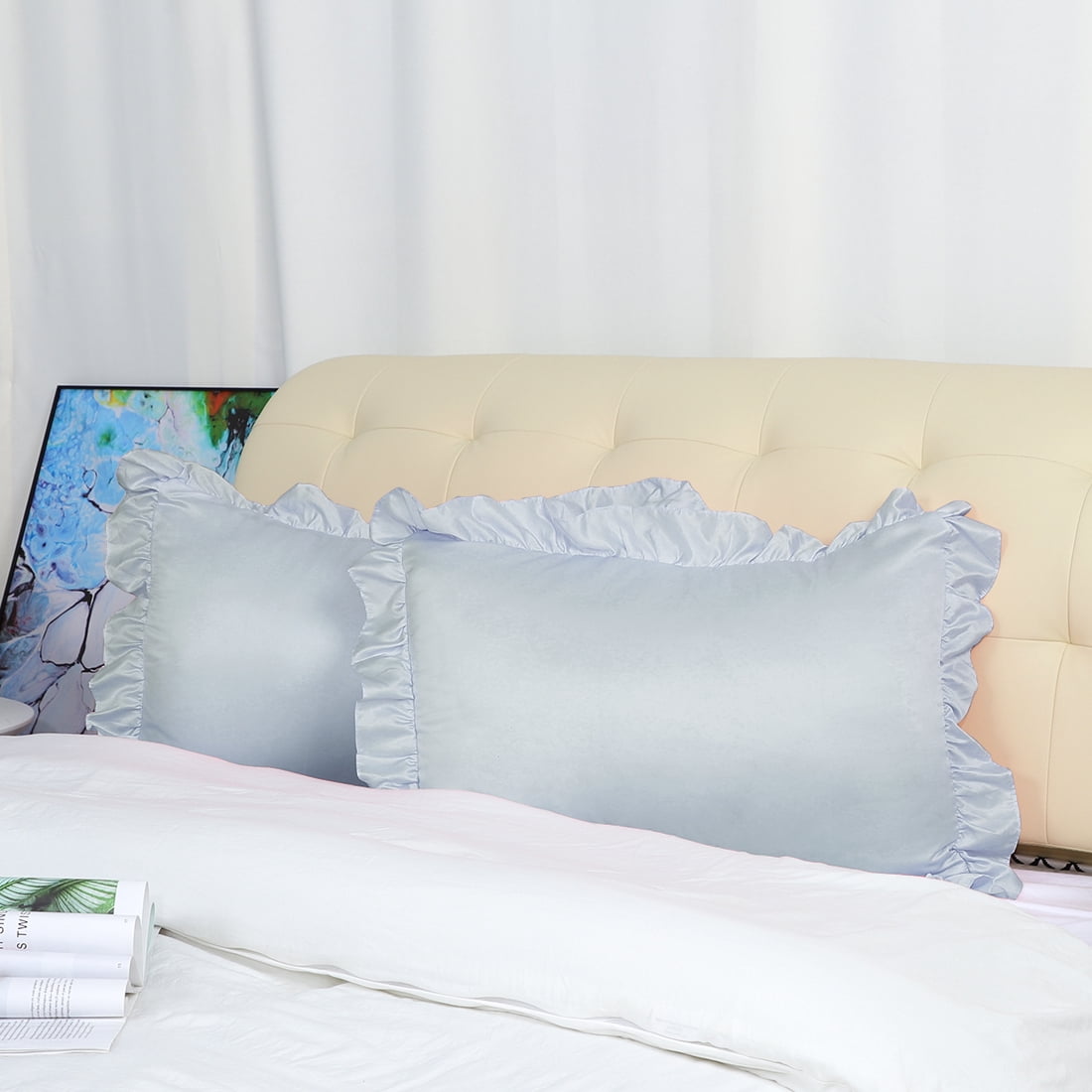 Unique Bargains 4-Piece Satin Ruffled Edge Pillow Shams, Standard, Silver