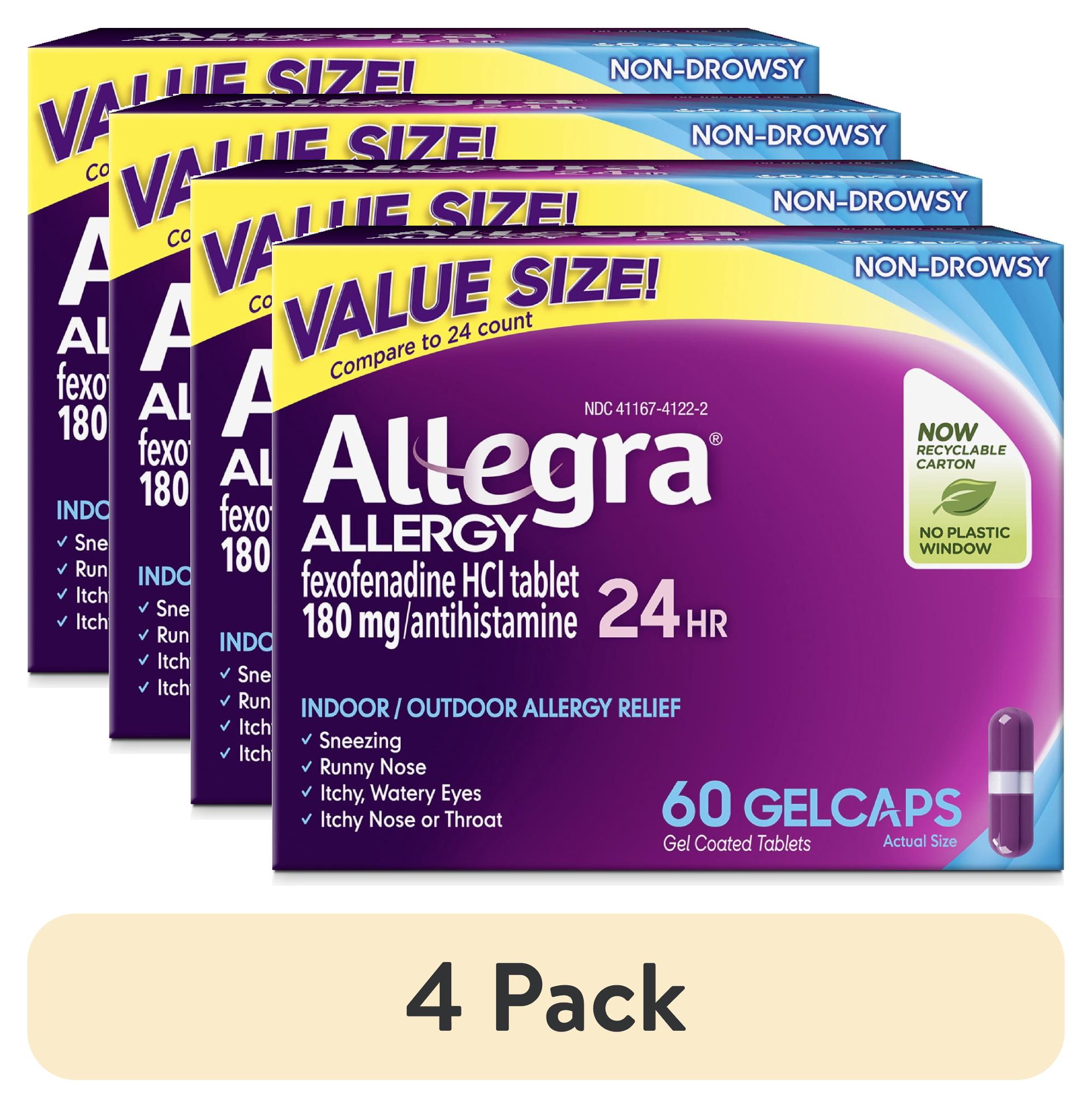 (4 pack) Allegra Adult 24-Hour Allergy Relief Gelcaps, Non-Drowsy Indoor and Outdoor Allergy Medicine, 180 mg Fexofenadine HCI Antihistamine Pill, 60-Count