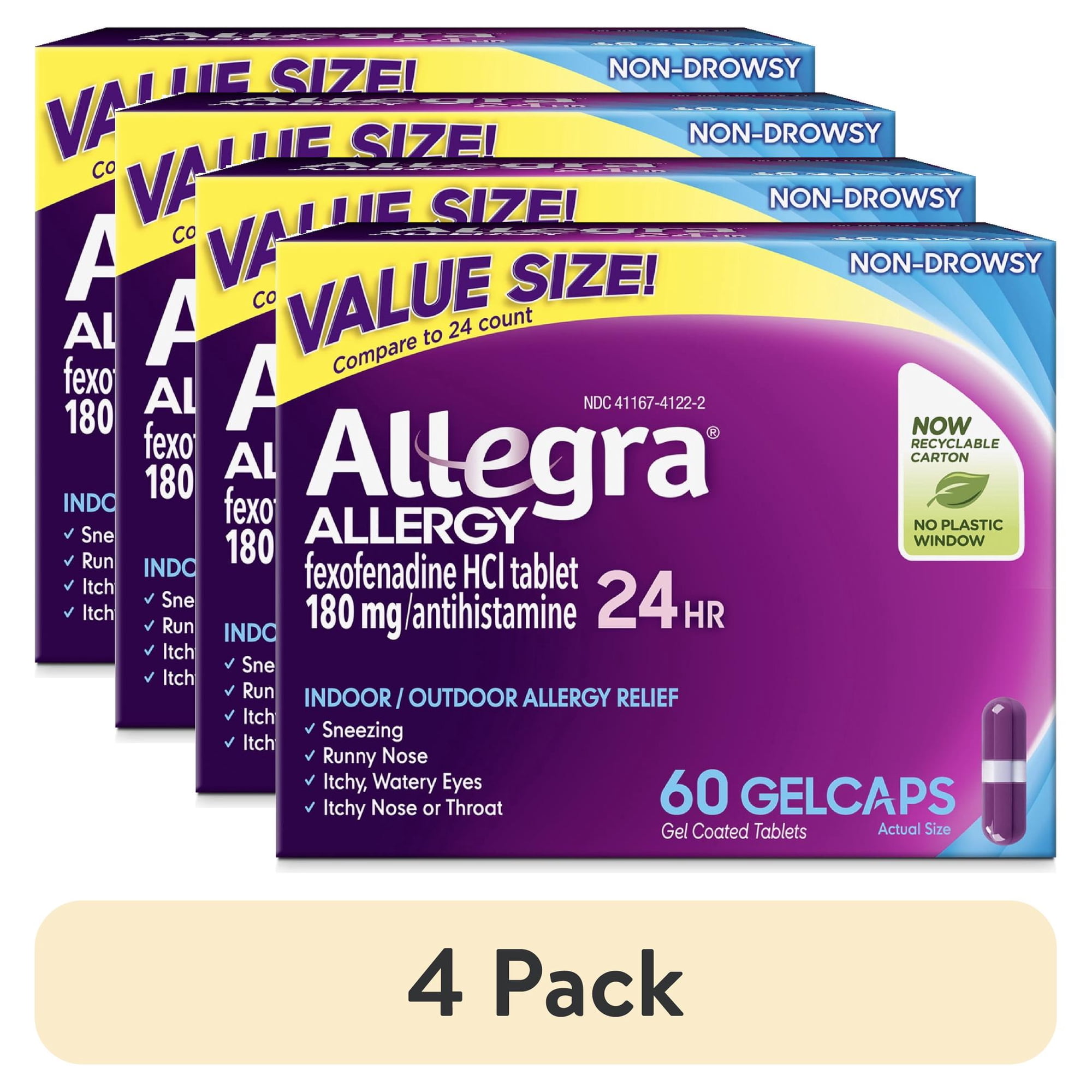(4 pack) Allegra Adult 24-Hour Allergy Relief Gelcaps, Non-Drowsy Indoor and Outdoor Allergy Medicine, 180 mg Fexofenadine HCI Antihistamine Pill, 60-Count