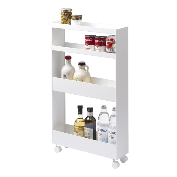 Yamazaki Home Slim Rolling Wagon, White, Steel, Supports 44.3 pounds, Handle, Wheels, Minimal Assembly