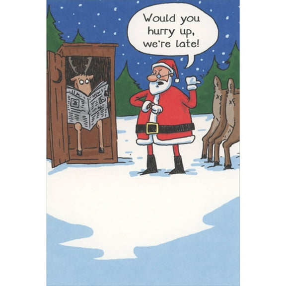 Recycled Paper Greetings Reindeer Reading Newspaper in Outhouse: Hurry Up, We're Late Humorous / Funny Christmas Card