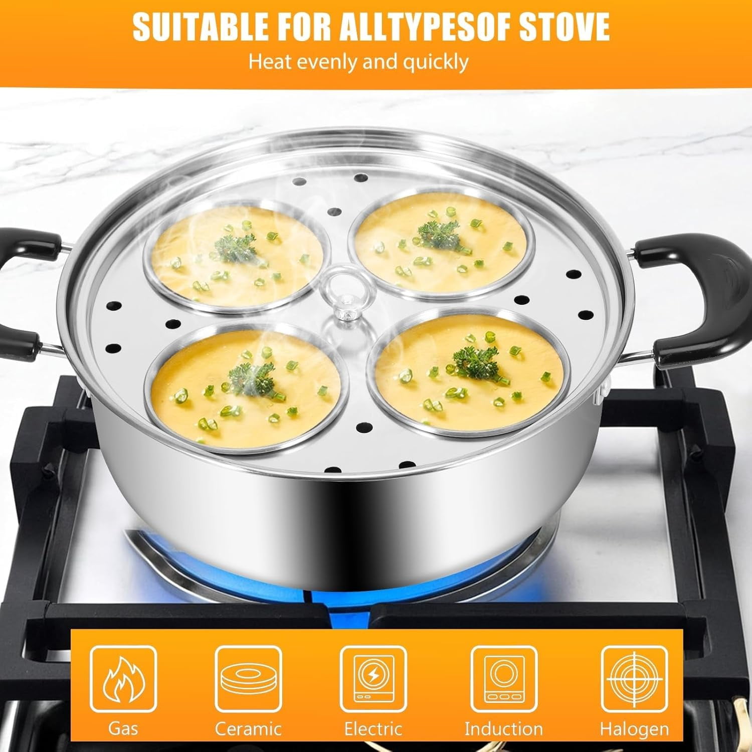 Egg Poacher, Stainless Steel Steamer with 4 Cups Poached Egg Maker, Induction Cooktop Steaming Pot for Steamed Eggs, Poached Eggs, Soups, Baby Supplements, Uncoated Non-Stick Pan