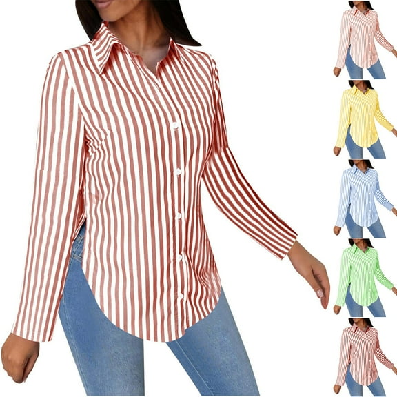 Frostluinai Womens Button Down Shirts Long Sleeve Striped Cardigans Lapel Collar Casaul Dressy Blouses Side Slit Tunic Shirts Jackets