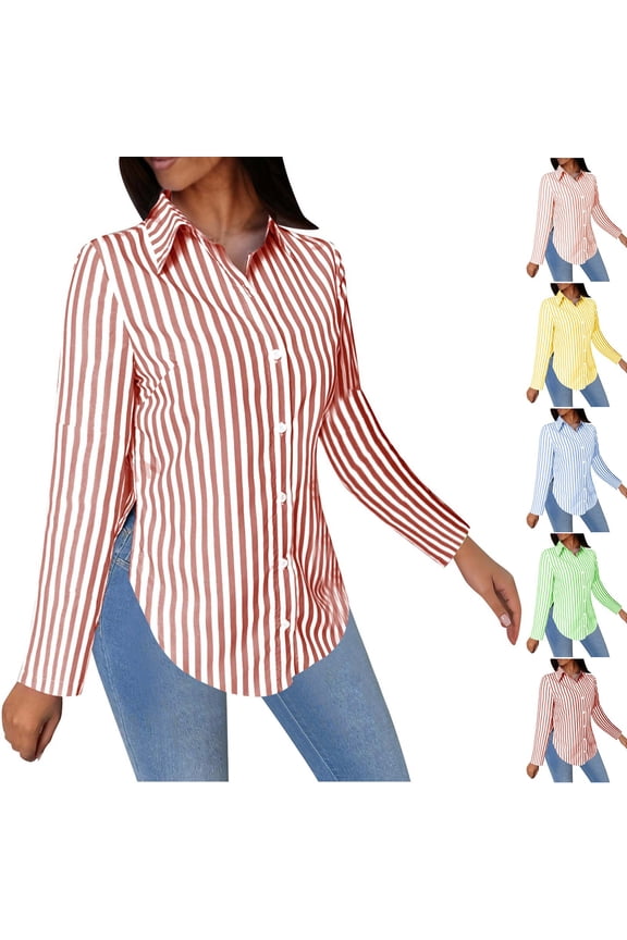 Womens Button Down Shirts Long Sleeve Striped Cardigans Lapel Collar Casaul Dressy Blouses Side Slit Tunic Shirts Jackets