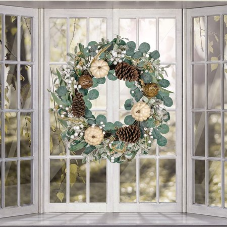 24 inch Fall Wreath for Front Door, Harvest Wreath with White Pumpkin