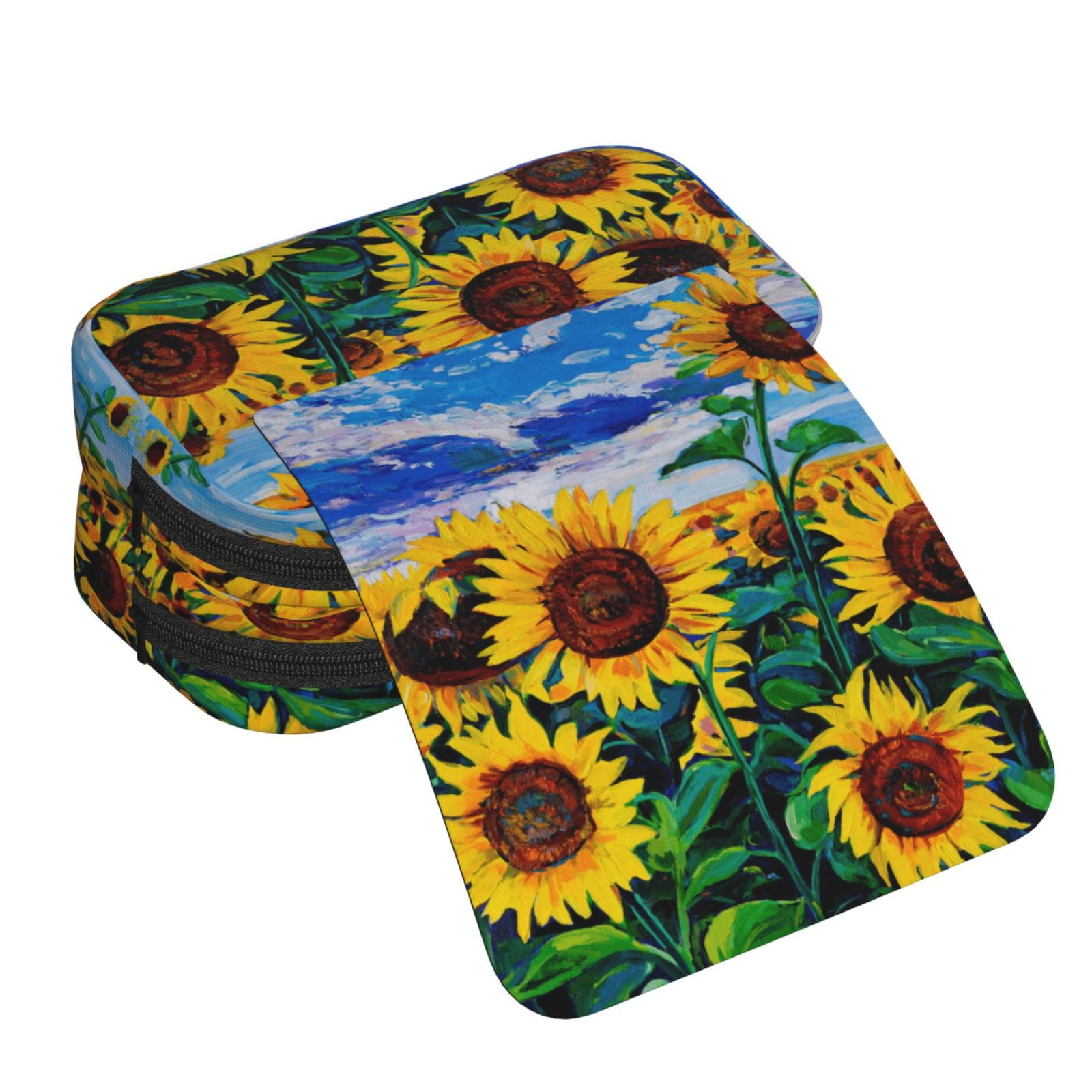Rateoe Landscape With Sunflowers Pattern Double Clamshell Pen Case, Storage Organizer with Two Zipper Compartments– Holds Up to 50 Pencils & Pens
