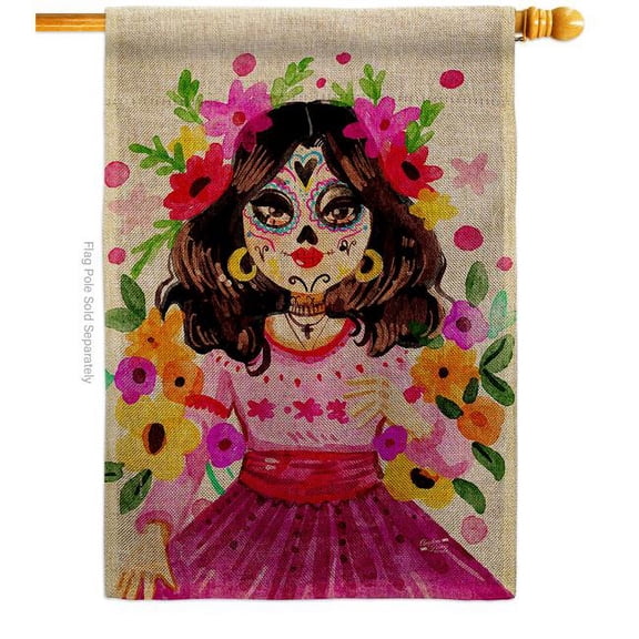 Angeleno Heritage H130410-DB La Catrina Falltime Day of Diad 28 x 40 in. Double-Sided Decorative Vertical House Flag for Decoration Banner Garden Yard Gift