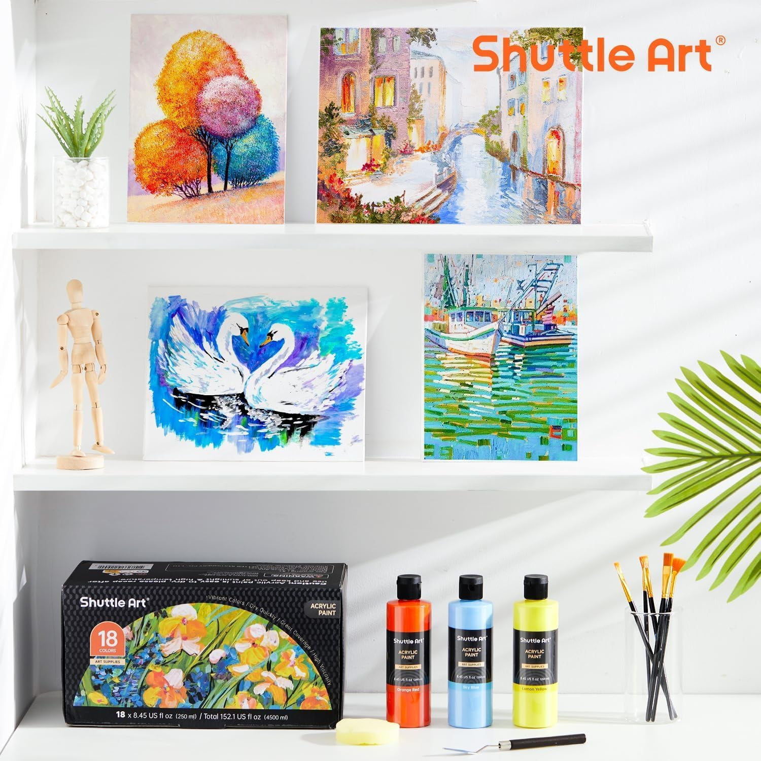 Acrylic Paint, Shuttle Art 18 Colors Acrylic Paint Bottle Set (250ml/8.45oz), Rich Pigmented Acrylic Paints, Bulk Painting Supplies for Artists, Beginners and Kids on Rocks Crafts Canvas Wood Ceramic