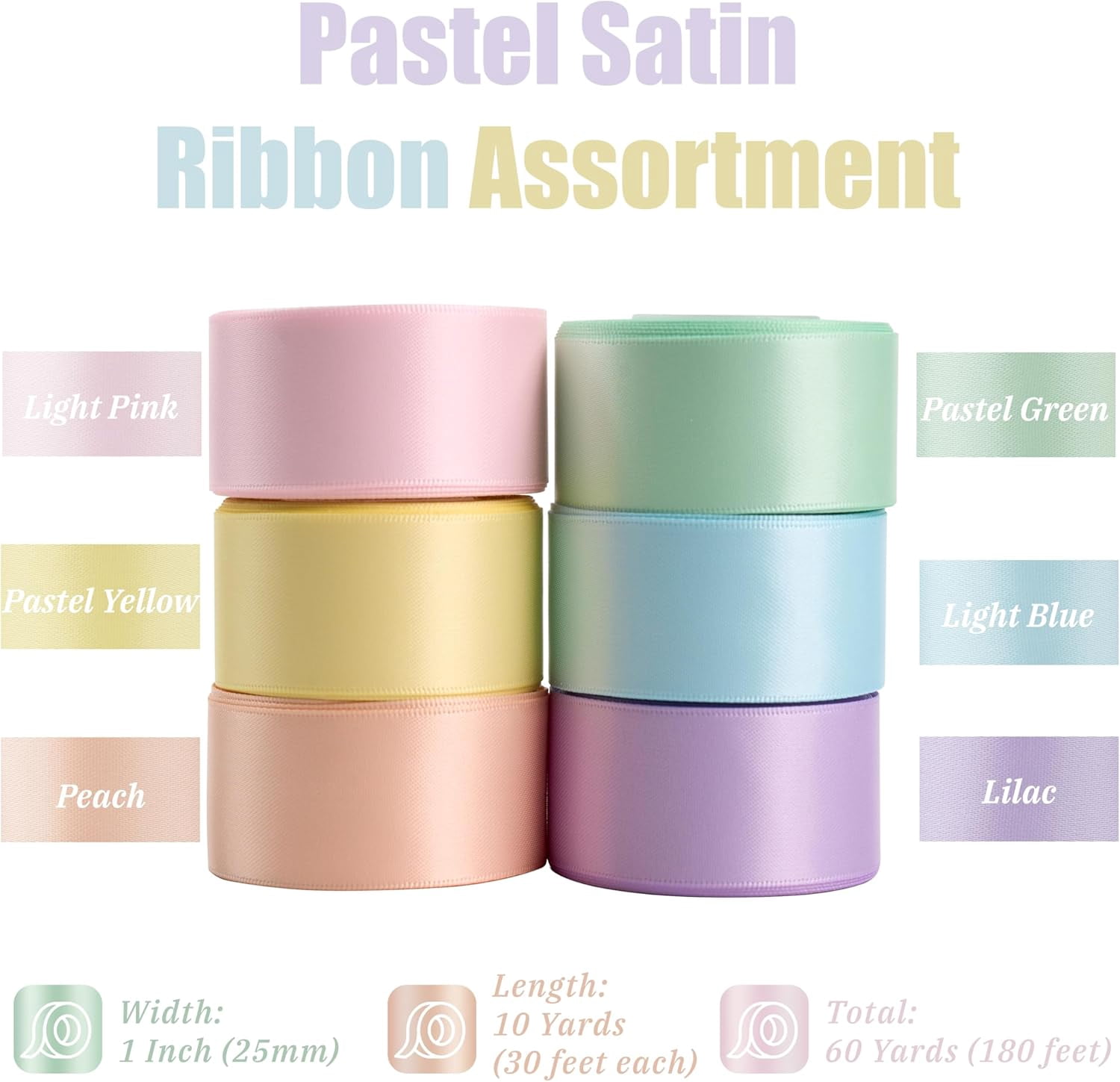 Pastel Ribbon 1 Inch Pastel Rainbow Satin Colorful Assorted Ribbon 6 Rolls for Gift Wrapping, Multicolor Flower Bouque Crafts Birthday Party Wedding - 60Yards