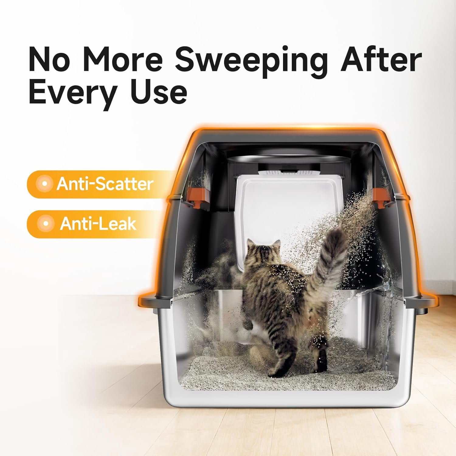 Dog Proof Front Entry Top Exit, High Sided Enclosed Metal Cat Litter Pan, Extra Large Stainless Steel Litter Box with Lid, Includes Scoop & Step, Odor Control Easy Clean Leak Proof