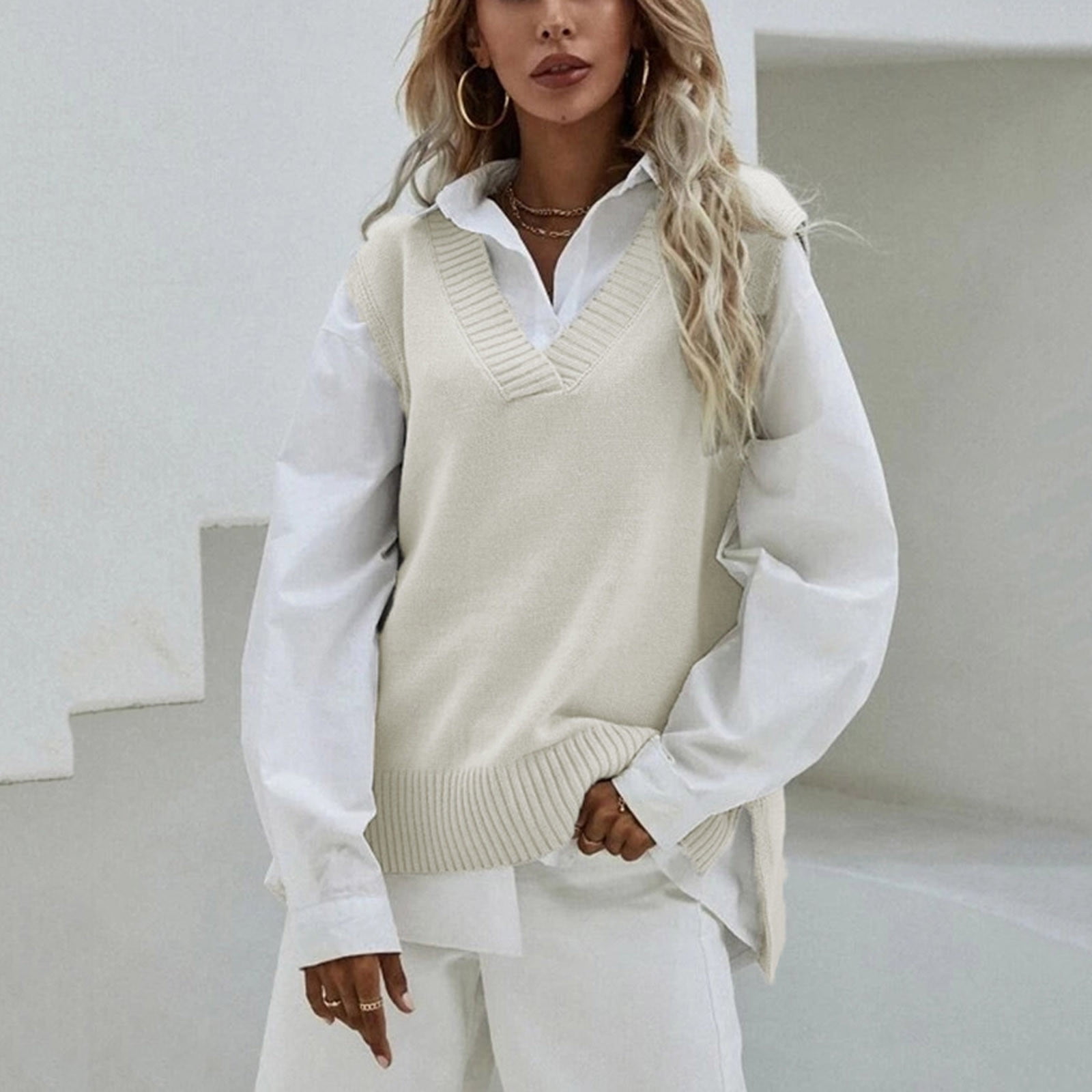 Sweater Vest Womens Sleeveless Sweater V Neck Knit Sweater Vest Solid