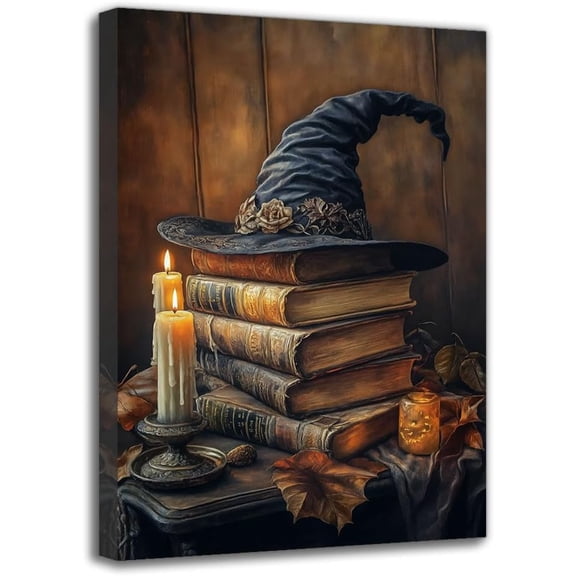 Witchy Decor Canvas Wall Art Print - Halloween Witch Poster With Rustic Wooden Background, Vintage Framed Wall Hanging Decor for Living Room Bedroom Home Office - Festival Artwork (8W" X 12L")