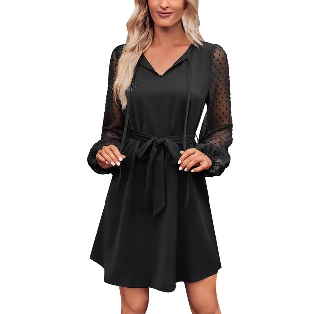 Vestido de manga larga Gibobby para mujer color sólido con cuello en V y empalme en la cintura