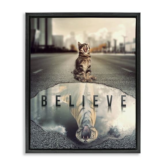 Stupell Industries Believe Cat & Tiger Animals Painting Black Floater Framed Canvas Art Print Wall Art, 17 x 21