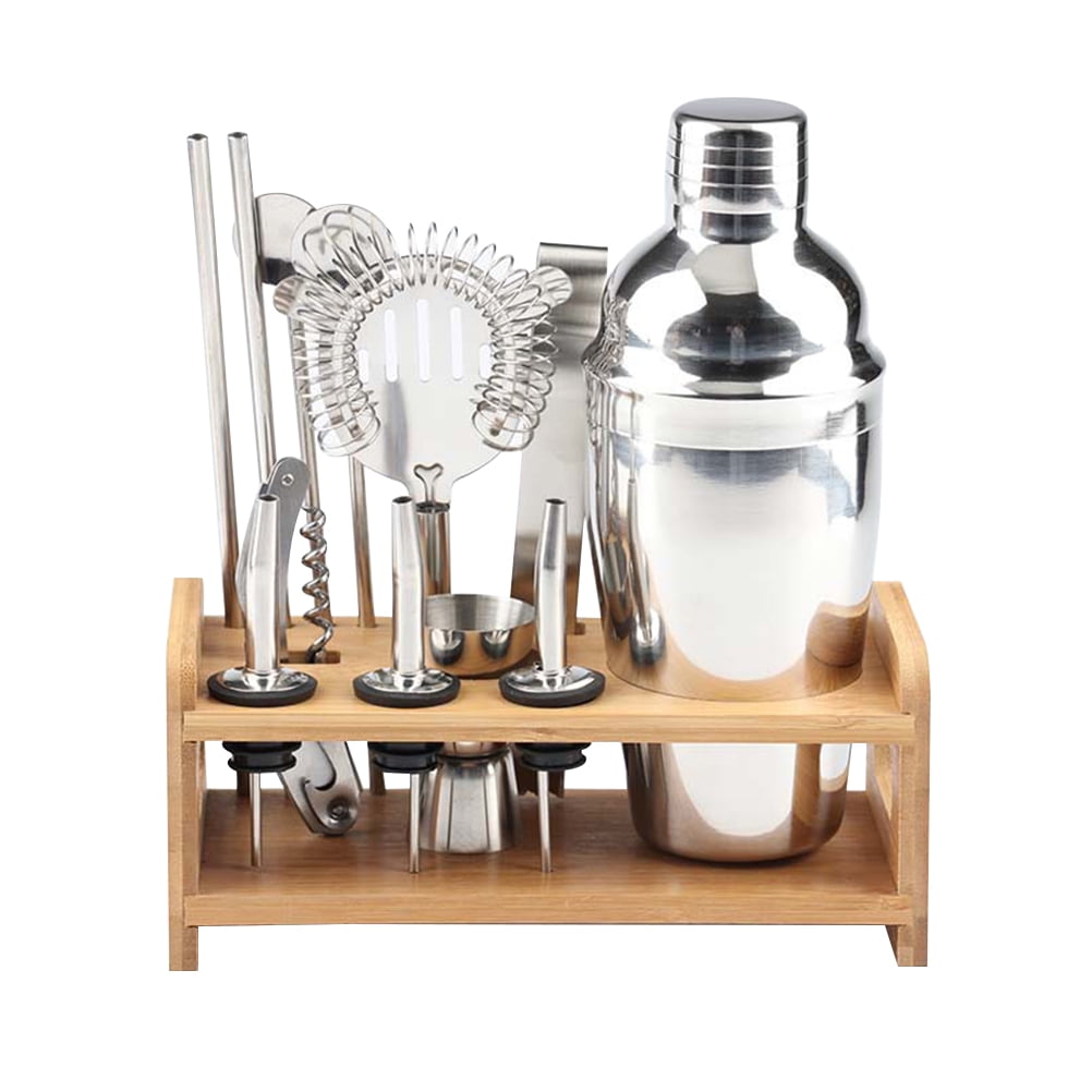 1 Set Stainless Steel Cocktail Kit Wooden Base Cocktail Mixing Kit