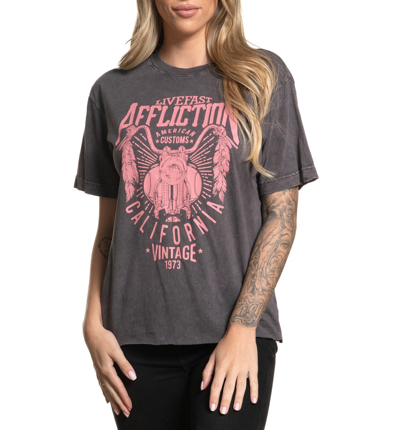 Affliction Womens Graphic Age of Winter Short Sleeve V-Neck T-Shirt 