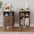 thumbnail image 3 of Whalefall Wood Night Stand with Charging Station, Mid Century Modern Fluted End Table with Storage for Living Room, Bedroom Curved Round Edge Beside Table with Sliding Tambour Doors, Walnut, 3 of 9