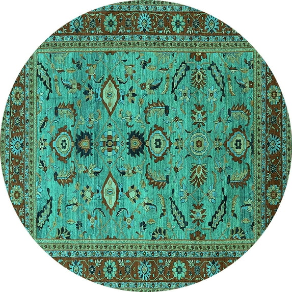 Ahgly Company Machine Washable Indoor Round Oriental Turquoise Blue Industrial Area Rugs, 7' Round