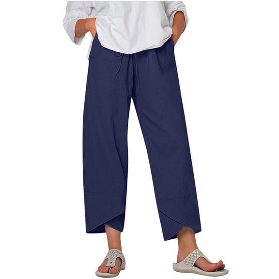 pbnbp Basic Solid Cotton Linen Pants for Women Plus Size High Waisted Elastic Drawstring Tulip Hem 7/8 Length Cropped Trousers Caspris for Women Summer Savings Clearance 2023!