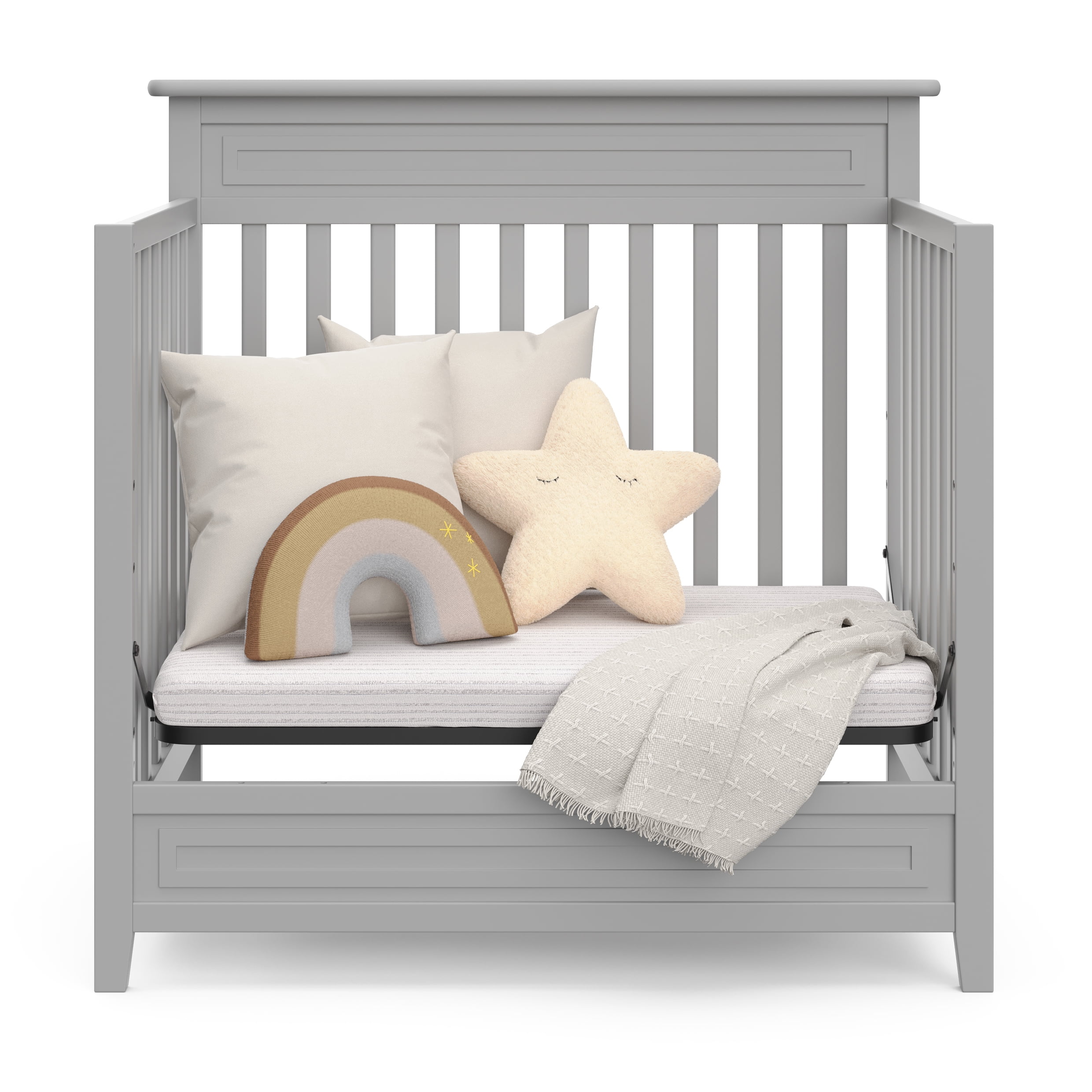 Storkcraft Petal Mini 4-in-1 Convertible Baby Crib with Mattress, Pebble Gray