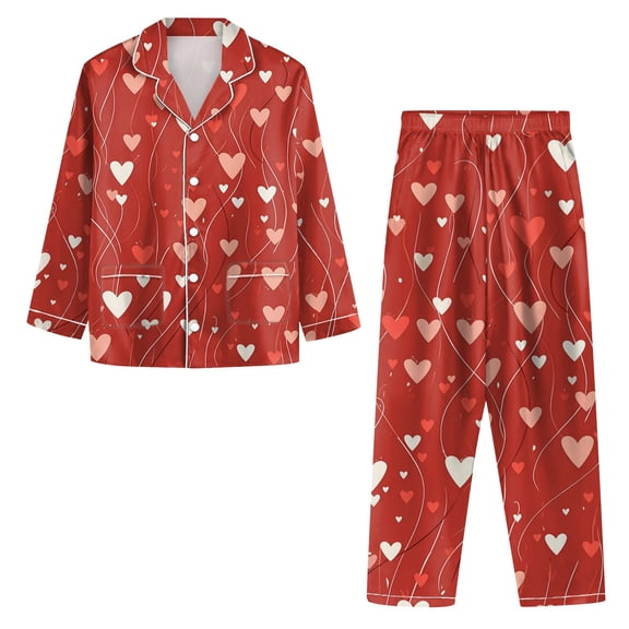 Iaqnaocc Valentine's Day Pajamas for Women Set Cute Heart Print Pjs Loungewear Holiday 2 Piece Silk Pajamas Loose Fit Button Long Sleeve Matching Sets Loungewear Wine XXL