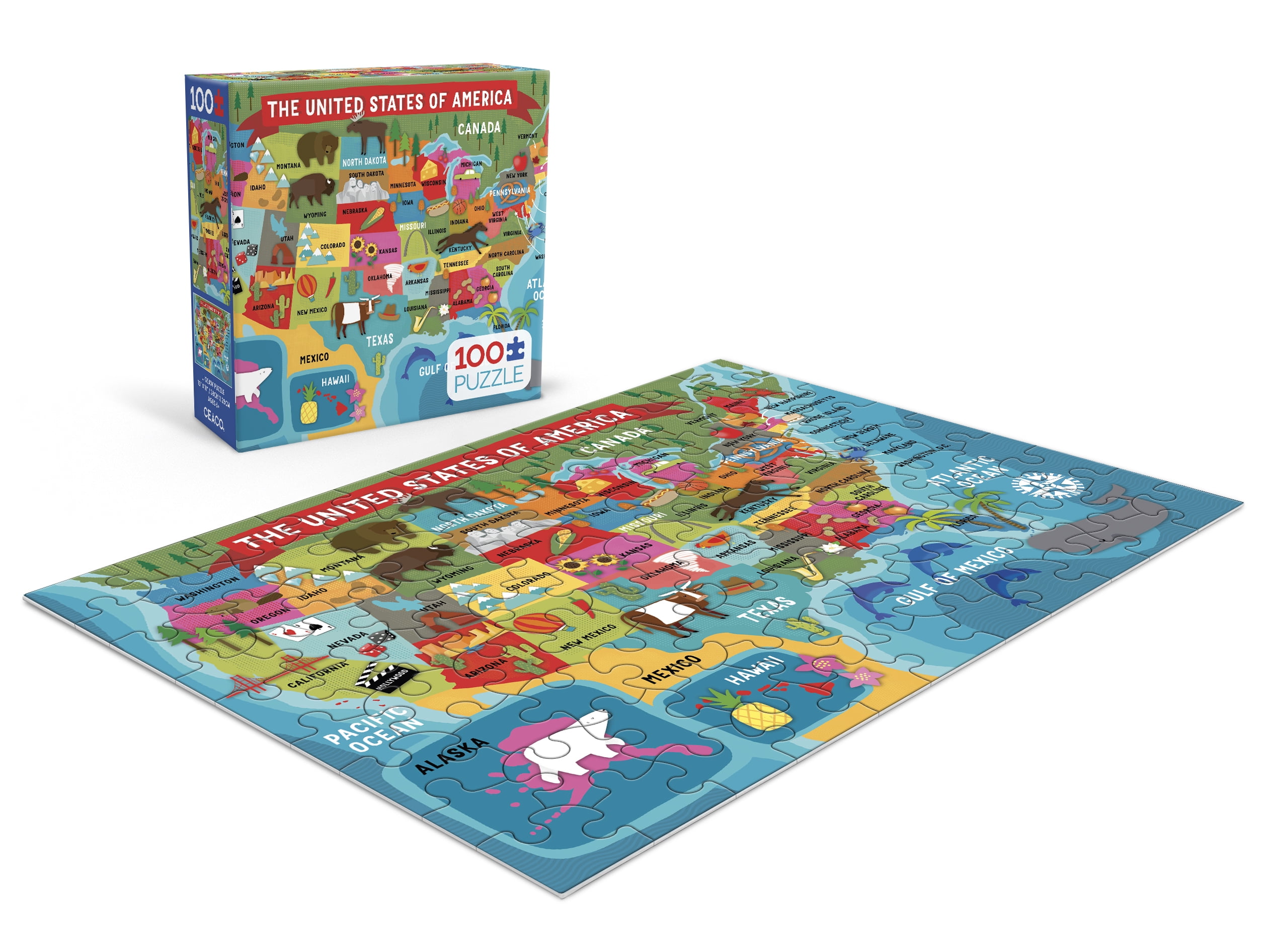 Ceaco - Kids Puzzles - Charlotte Pepper - USA Map - 100 Piece Interlocking Jigsaw Puzzle