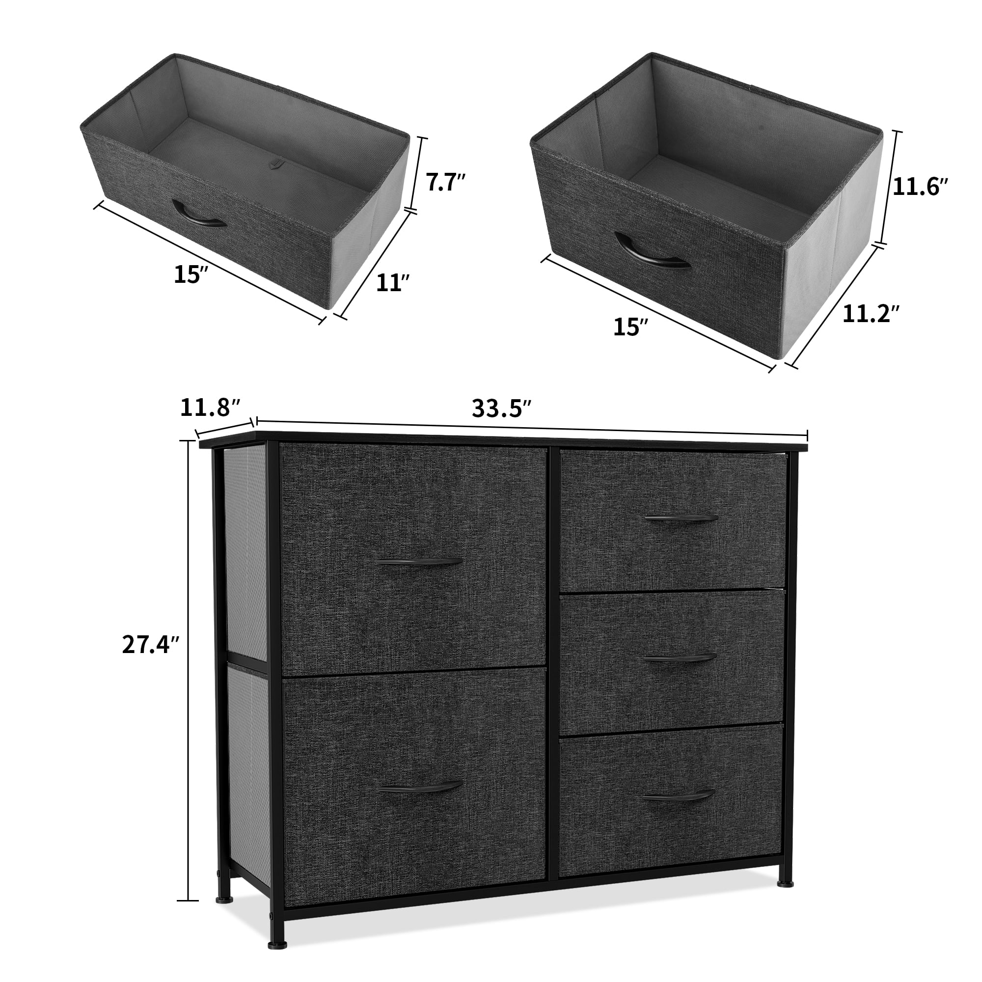 Uforic Black Gray 5-Drawer Fabric Dresser with Steel Frame, Wooden Top & Easy-to-Pull Handles for Adults