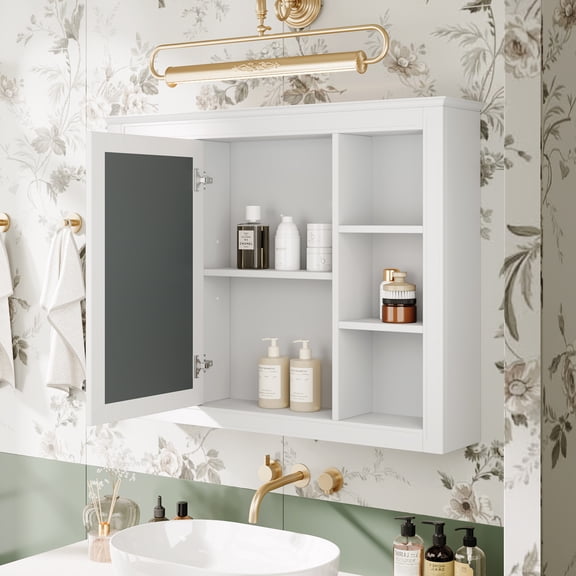 Knubmt Modern Bathroom Wall Cabinet with Mirror and 6 Open Shelves, Single Door Wood Storage Cabinet for Living Room, Bathroom, White