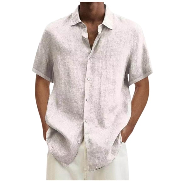 fartey Mens Plus Size Cotton Linen Blouses Button Down Solid Color Shirts Breathable Relaxed Summer Short Sleeve Lapel Tops, 3XL-5XL