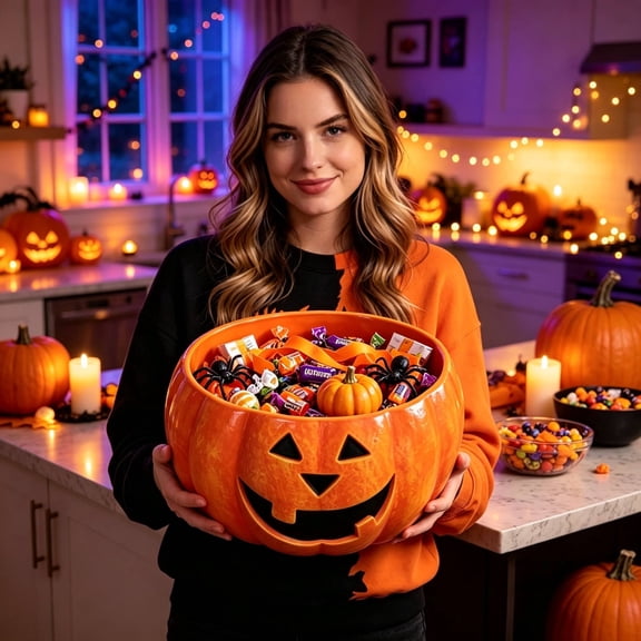 Linnome Halloween Pumpkin Candy Bowl, Ceramic Jack-O-Lantern Serving Dish, Spooky Fall Tabletop Party Decor for Snacks Treats and Festive Holiday Ornament for Kitchen Counters Entryways